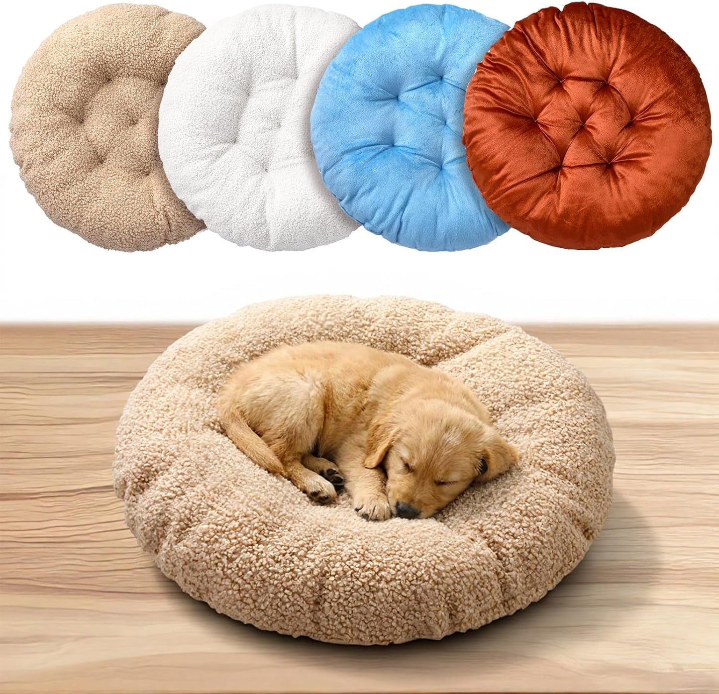 4 Pcs 20 Inch Ultra Soft Dog & Cat Bed, Anti-Anxiety Round Pet Bed Crate Pads Calming for All Season, Fluffy Warm Washable Cushion for Small and Medium Pets (Brown, Blue, White, Beige)