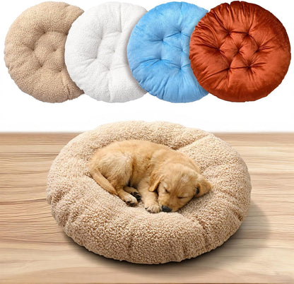 4 Pcs 20 Inch Ultra Soft Dog & Cat Bed, Anti-Anxiety Round Pet Bed Crate Pads Calming for All Season, Fluffy Warm Washable Cushion for Small and Medium Pets (Brown, Blue, White, Beige)