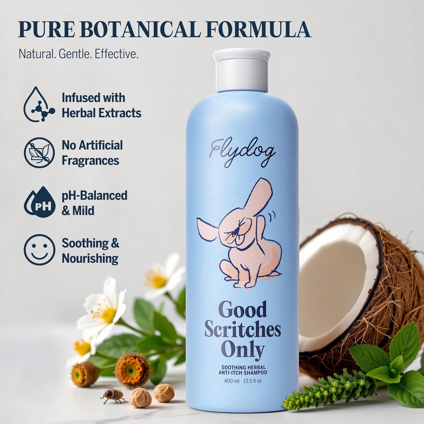 FLYDOG Dog Cat Shampoo Itchy Skin Relief: Natural Herbal Hypoallergenic Pet Shampoo, Deshedding Dandruff Control Deodorizing Moisturizing for Dry Flaky Smelly Skin, Perfect for Puppies Kittens