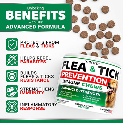Flea and Tick Prevention for Dogs Chewables - 170 Treats - Natural Dog Flea and Tick Treatment Chewable Supplement - Oral Pills - All Breeds & Ages - Soft Chews - Made in USA - Bacon Flavor