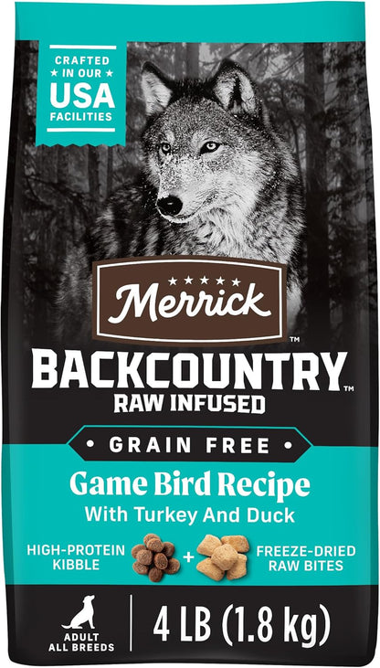 Merrick Backcountry Grain Free Dry Adult Dog Food, Kibble With Freeze Dried Raw Pieces, Game Bird Recipe - 4.0 lb. Bag