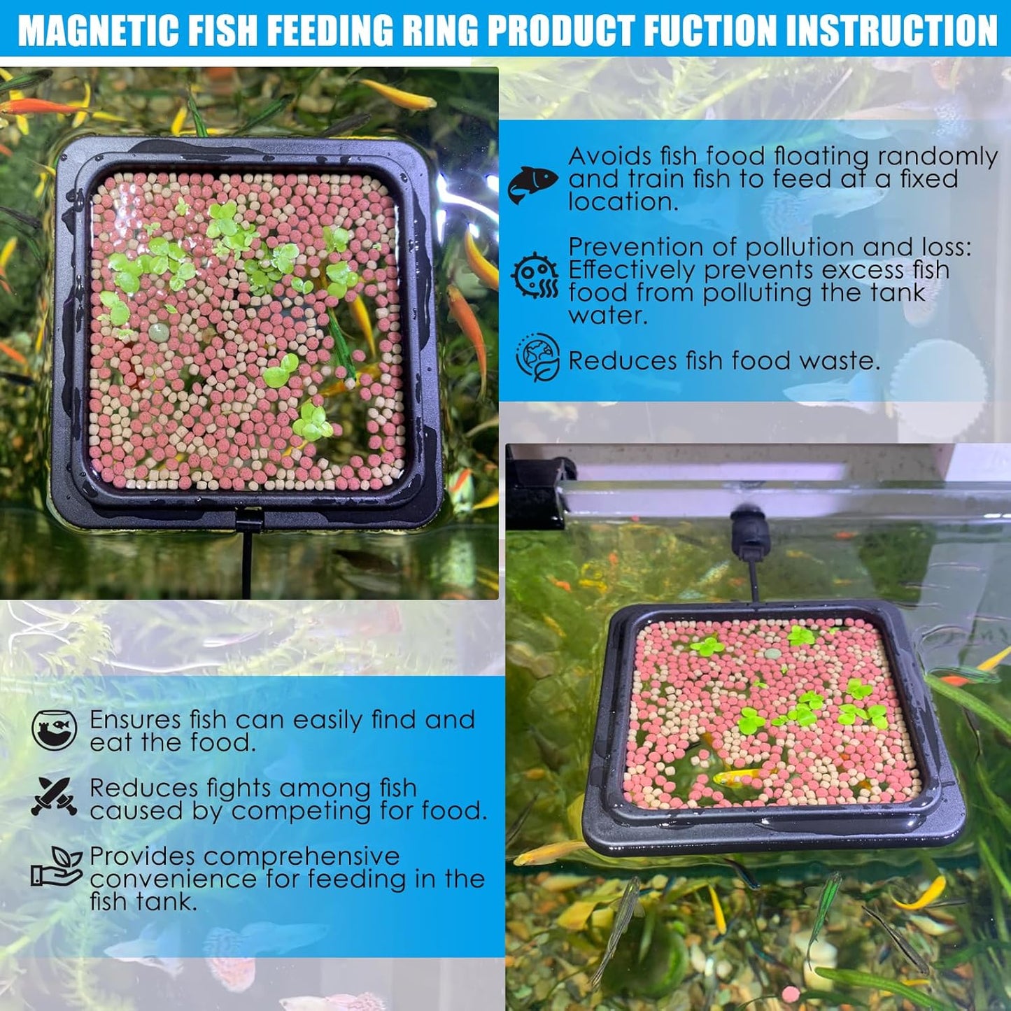 Magnetic Fish Feeding Ring, Floating Aquarium Feeder Ring for Fish Tank，Betta Feeding Ring for Goldfish, Guppy, Fresh/Saltwater Tanks- Prevents Food Scattering and Anti-Falling Off（Patented Product）