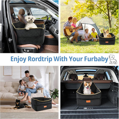 Dog Car Seat for Small Medium Dogs, Memory Foam Dog Booster Car Seat for Pets Under 35 lbs, Anti-Slip Pet Carseat with 2 Adjustable Leashes, Elevated Dog Travel Bed with Storage Pockets