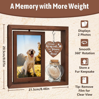 Dog Memorial Gifts for Loss of Pet - Rotating Wooden Frame for 4x6 Photo & Fur Hair Jar - Sympathy Gift for Pet Bereavement, Remembrance Keepsake - Rainbow Bridge Gift for Dog Lovers