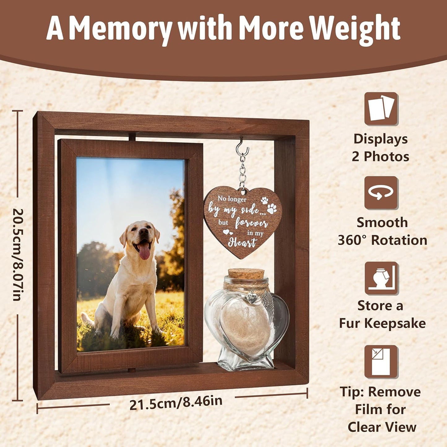 Dog Memorial Gifts for Loss of Pet - Rotating Wooden Frame for 4x6 Photo & Fur Hair Jar - Sympathy Gift for Pet Bereavement, Remembrance Keepsake - Rainbow Bridge Gift for Dog Lovers