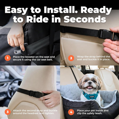 Best Pet Supplies Elevated Dog Car Seat for Small Dogs, Booster Seat with Safety Tether & Storage, Washable Travel Pet Seat for Front or Back Seat, Up to 25 lbs - Brown - 21 x 20 x 14