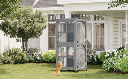 Outdoor Catio Enclosure on Wheel, 68" Large Catio Outdoor Cat Enclosure with Weatherproof Asphalt Roof & Sliding Doors, Wooden Cat Condo Cage Shelter Playpen with Napping House & 4 Jumping Platforms
