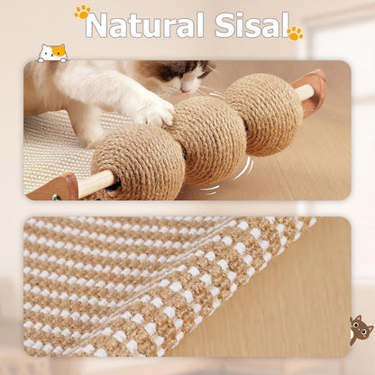 Extra-Larger Sisal Cat Scratcher Bed with Ball, 3-in-1 Cat Scratching Pad with Hammock, Natural Sisal with Solid Wood Frame Cat Scratch Post for Indoor Cats Lounger & Sleep & Scratch