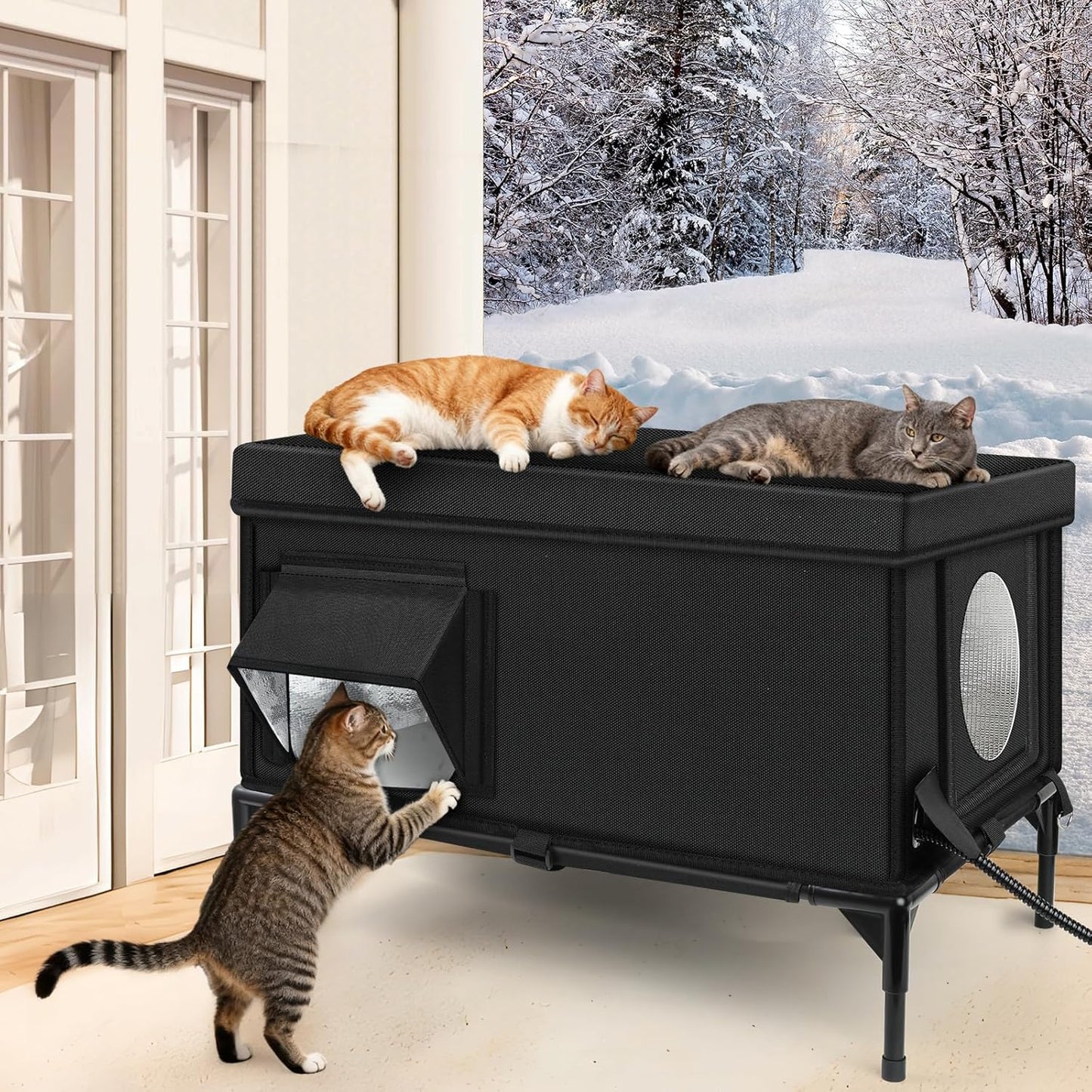 Heated Outdoor Cat House Weatherproof with Heating Pad, Heated Cats House for Outside, Insulated Feral Cat Houses for Outdoor Cats with Safe Escape Door, Elevated Outside Stray Cats Shelter(L)