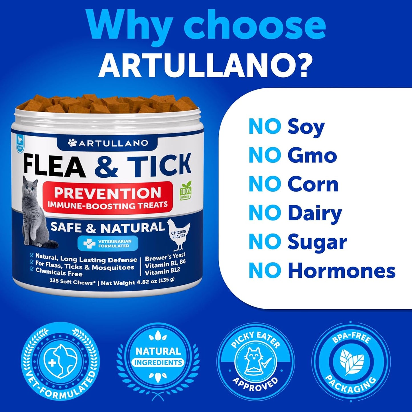 Flea Treatment for Cats - Natural Flea and Tick Prevention Supplement for Cats, Kittens - Chewable Daily Oral Pills with Vitamins - 135 Soft Chews - Dental Treats, Digestive Health, Immune Support