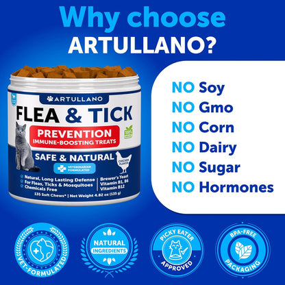 Flea Treatment for Cats - Natural Flea and Tick Prevention Supplement for Cats, Kittens - Chewable Daily Oral Pills with Vitamins - 135 Soft Chews - Dental Treats, Digestive Health, Immune Support
