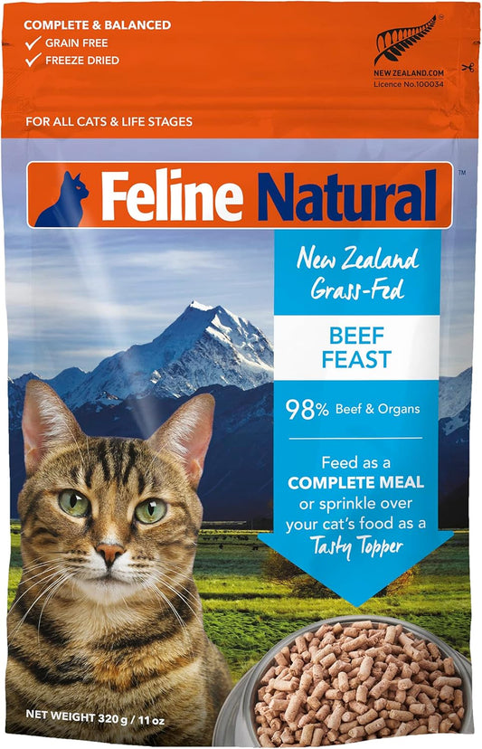 Feline Natural High Protein Dry Cat Food, Freeze-Dried Diet with 98% Meat, Organs & Seafood, No Peas, Grains, or Artificial Additives, Made in New Zealand, Beef, 11oz