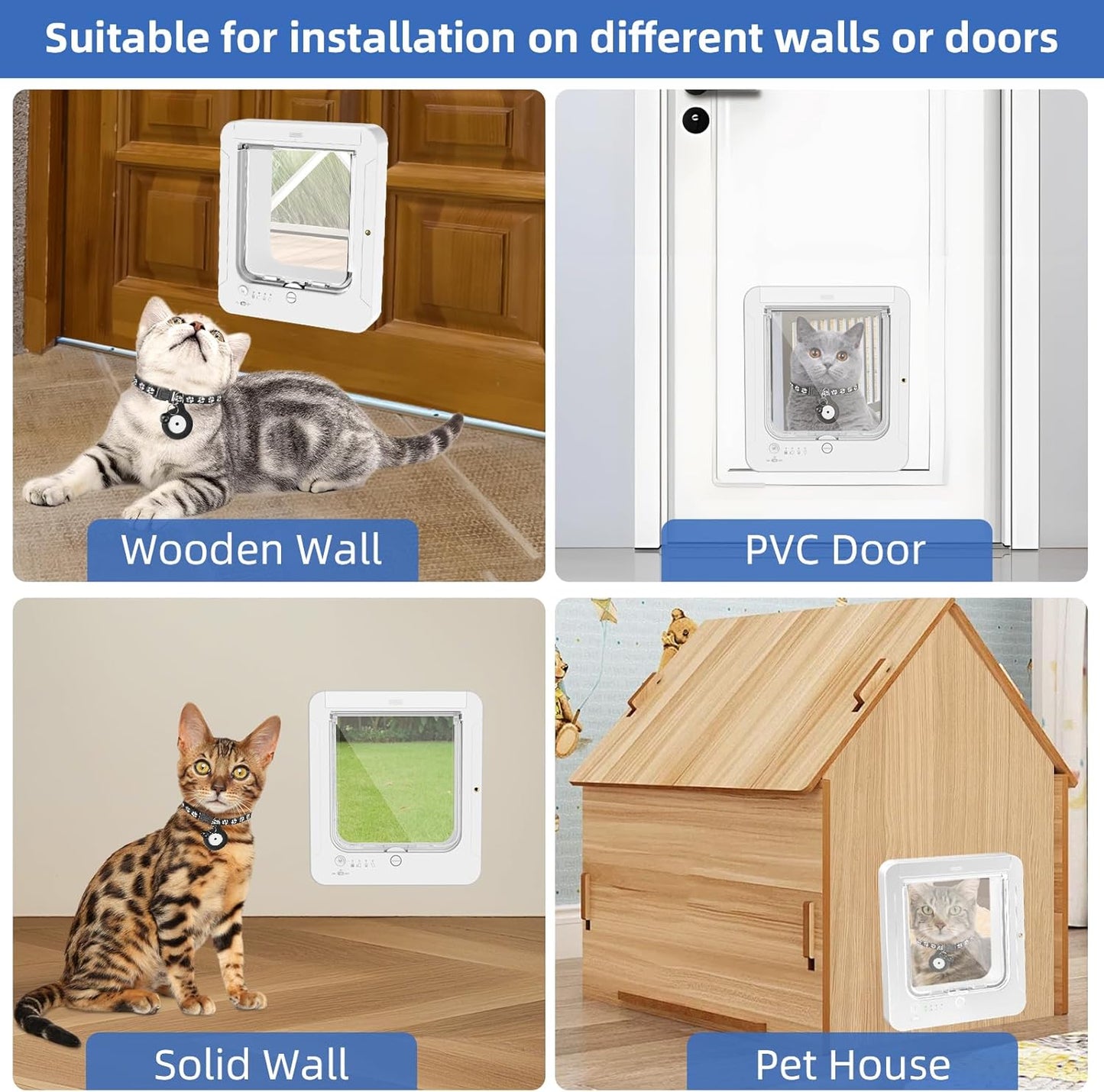 Smart Cat Door for Interior & Exterior, Cat Pet Door with 3 Collar Sensor Keys & 1 Remote Control & 4 Way Locking Cat Flap with RFID Collar Activated Opening Cat Door (White)
