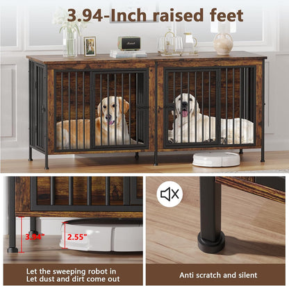 EasyCom Dog Crate Furniture for 1 or 2 Dogs, Heavy Duty Single/Double Dog Crates for Small/Medium/Large Dogs, Dog Kennel Furniture Indoor as TV Stand, Large Size 78.74" L(35-60 Pounds), Brown