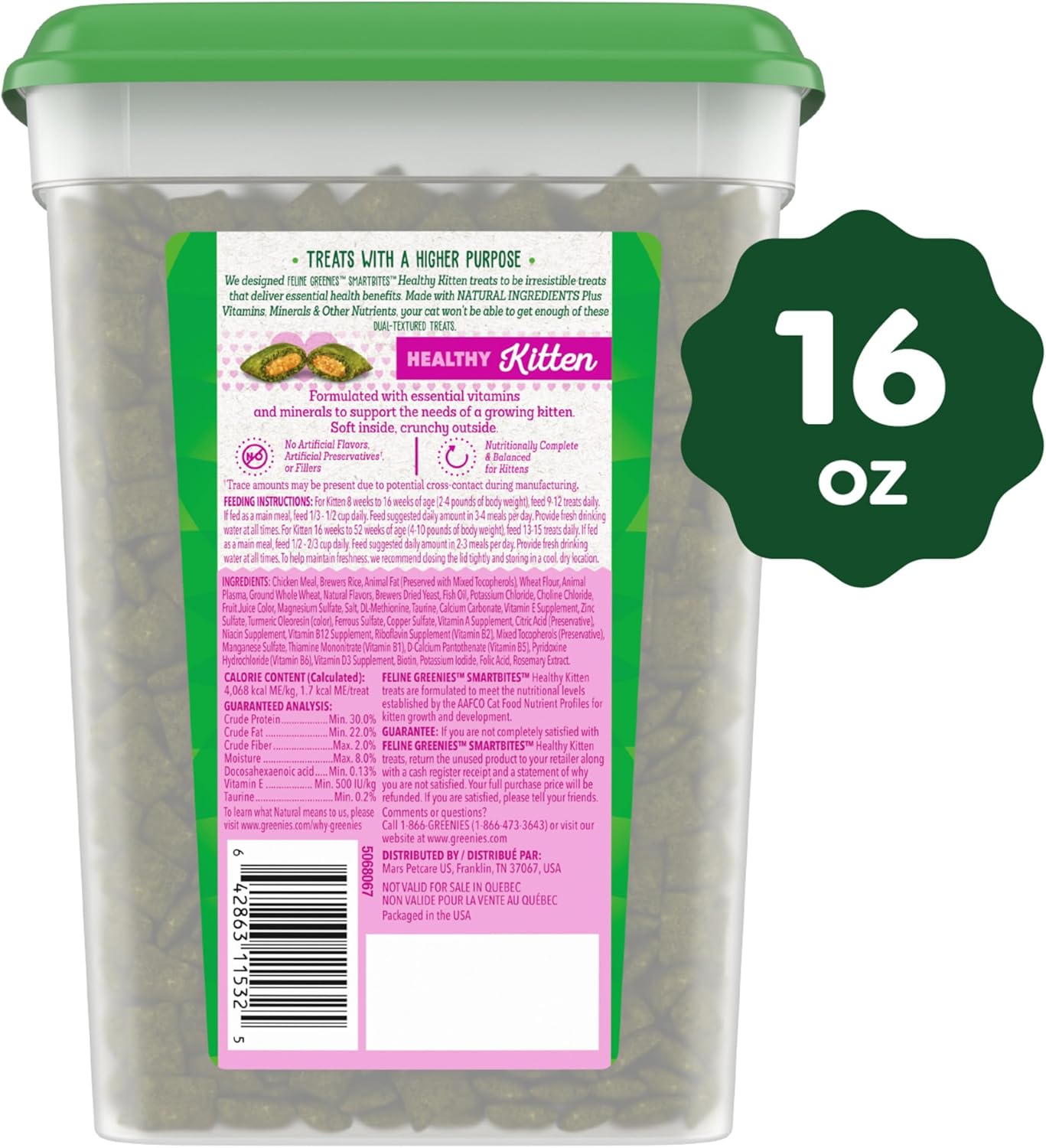 Greenies Feline Smartbites Healthy Kitten Treats, Crunchy and Soft Natural Cat Treats, Chicken Flavor, 16 oz Tub