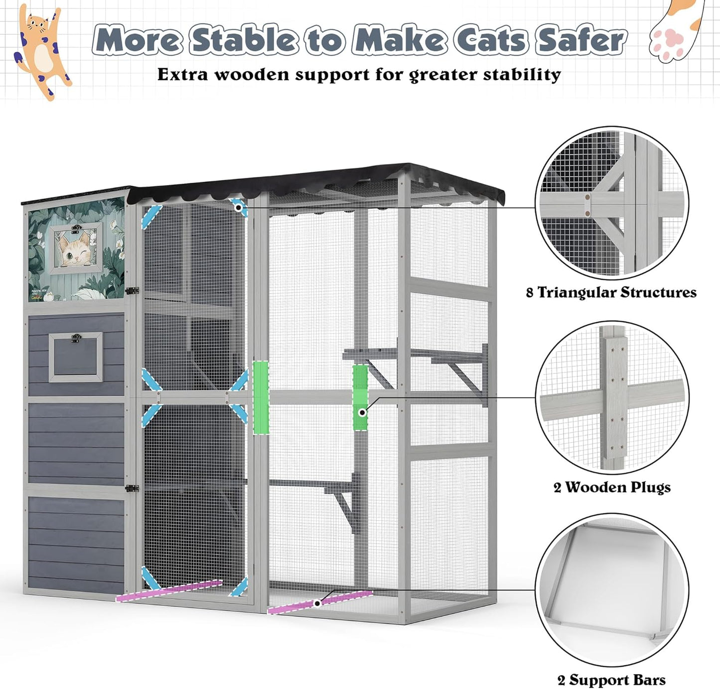 COZIWOW Large Wood Cat Catio, Outdoor Enclosure with Weatherproof Roof, 2 Resting Rooms, 2 Platforms, 4-Tier Cat Playpen (Grey with Pattern)