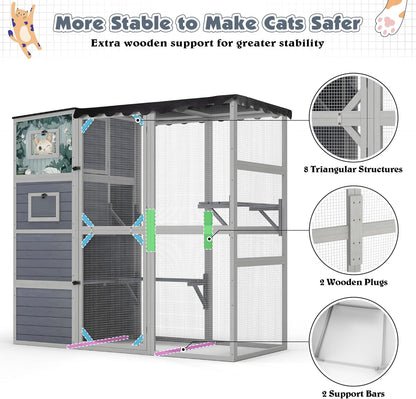 COZIWOW Large Wood Cat Catio, Outdoor Enclosure with Weatherproof Roof, 2 Resting Rooms, 2 Platforms, 4-Tier Cat Playpen (Grey with Pattern)