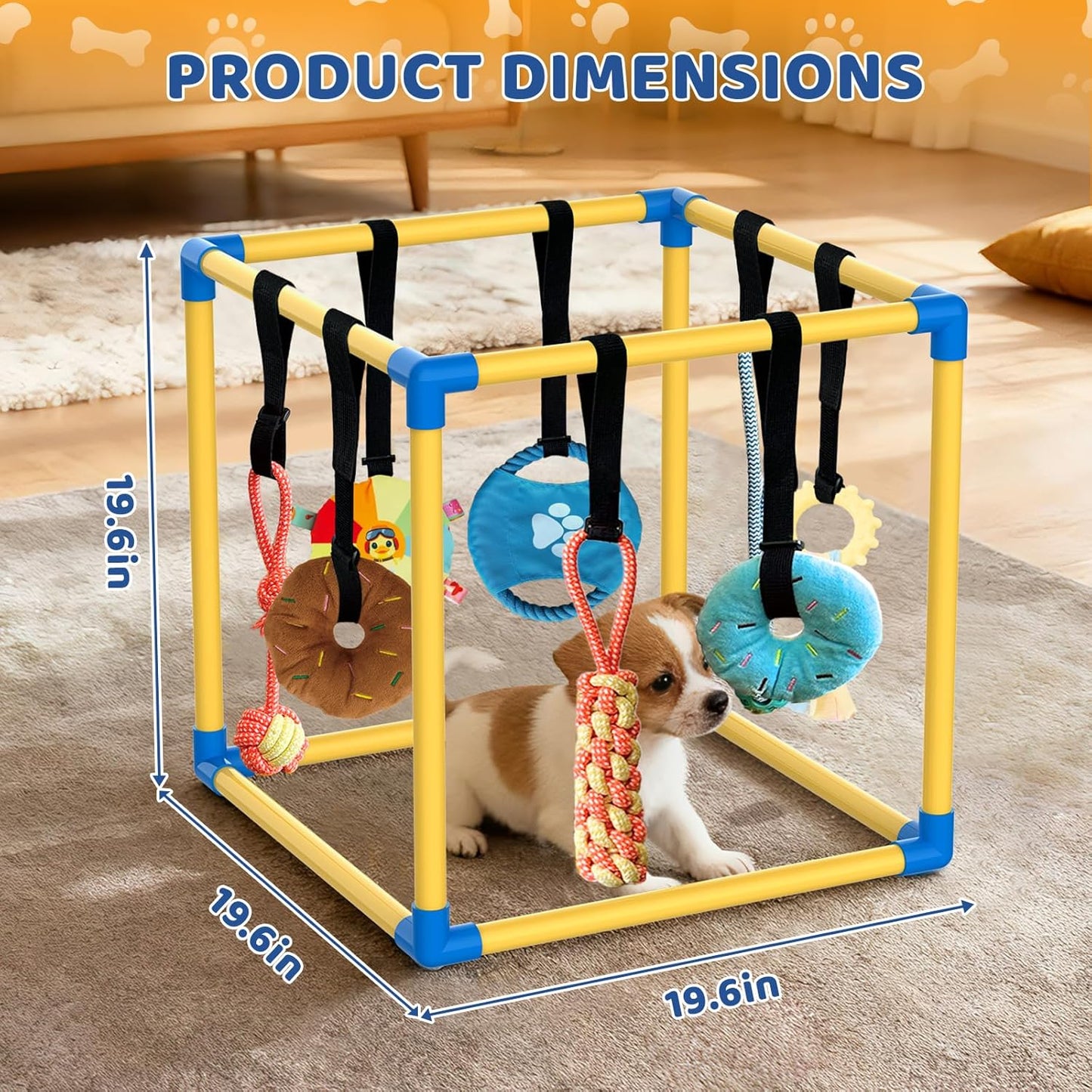 Puppy Play Gym with 8 Hanging Toys Indoor Play Gym Interactive Dog Toys for Boredom Enrichment Activity for Small Dog Teething PVC Frame Stretchy Rope with Velcro (19.6 x 19.6 x 19.6 inch)