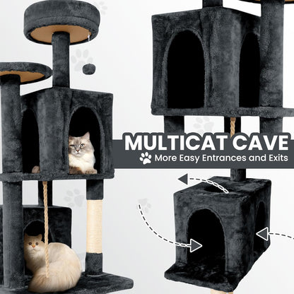 58.5inch Large Cat Tree Tower Condo for Indoor Cats, Soft Plush Multi-Level Climbing Tree Cat House with 1 360° Rotating Cat Cave, Scratching Post, More Entrance/Exit, Sisal Rope, Grey Black