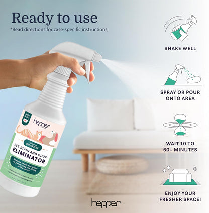 Hepper Advanced Bio-Enzyme Pet Stain & Odor Eliminator Spray - Smell, Stain & Urine Remover for Cats, Dogs & Other Animals - 32oz Spray Safe for the Home - Neutral