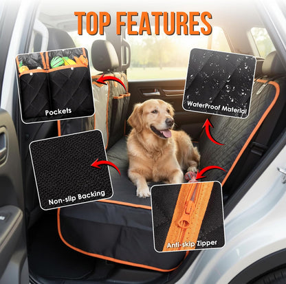 Dog Car Seat Cover with 2 Hammock Straps & 1 Safety Belt – Waterproof, Nonslip, Scratchproof Pet Back Seat Protector for Cars, SUVs & Trucks – Easy to Install, Washable Travel Accessory