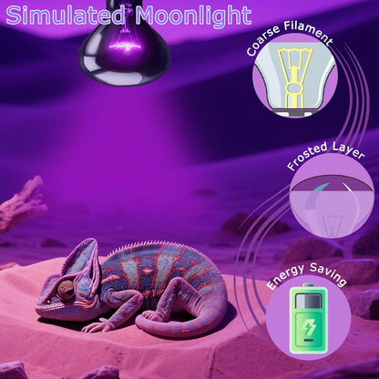 60W Reptile Night Light Bulb, UVA Heat Lamp – Simulated Natural Moonlight Purple Basking Bulb for Bearded Dragon, Lizard, Snake, Turtle, Chameleon, Amphibians, Aquarium & Terrarium Use