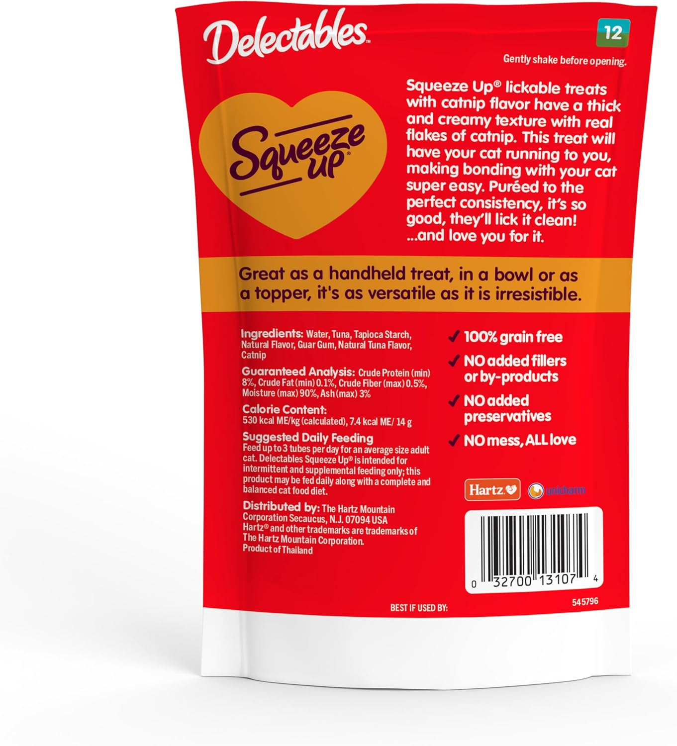 New! Delectables Squeeze Up Creamy Squeezable Puree, Lickable Wet Cat Treats, Grain Free, No Added Fillers, No by-Products, No Added Preservatives, 0.5 Ounces Tube Tuna with Catnip, 64 Tubes Total