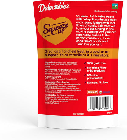New! Delectables Squeeze Up Creamy Squeezable Puree, Lickable Wet Cat Treats, Grain Free, No Added Fillers, No by-Products, No Added Preservatives, 0.5 Ounces Tube Tuna with Catnip, 64 Tubes Total