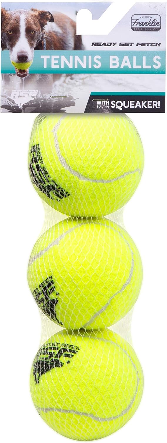 Franklin Pet Supply Squeaky - Ready Set Fetch Dog Toy Tennis Balls with Squeaker - Perfect Pet Toy for Small, Medium + Large Dogs - 12 Pack