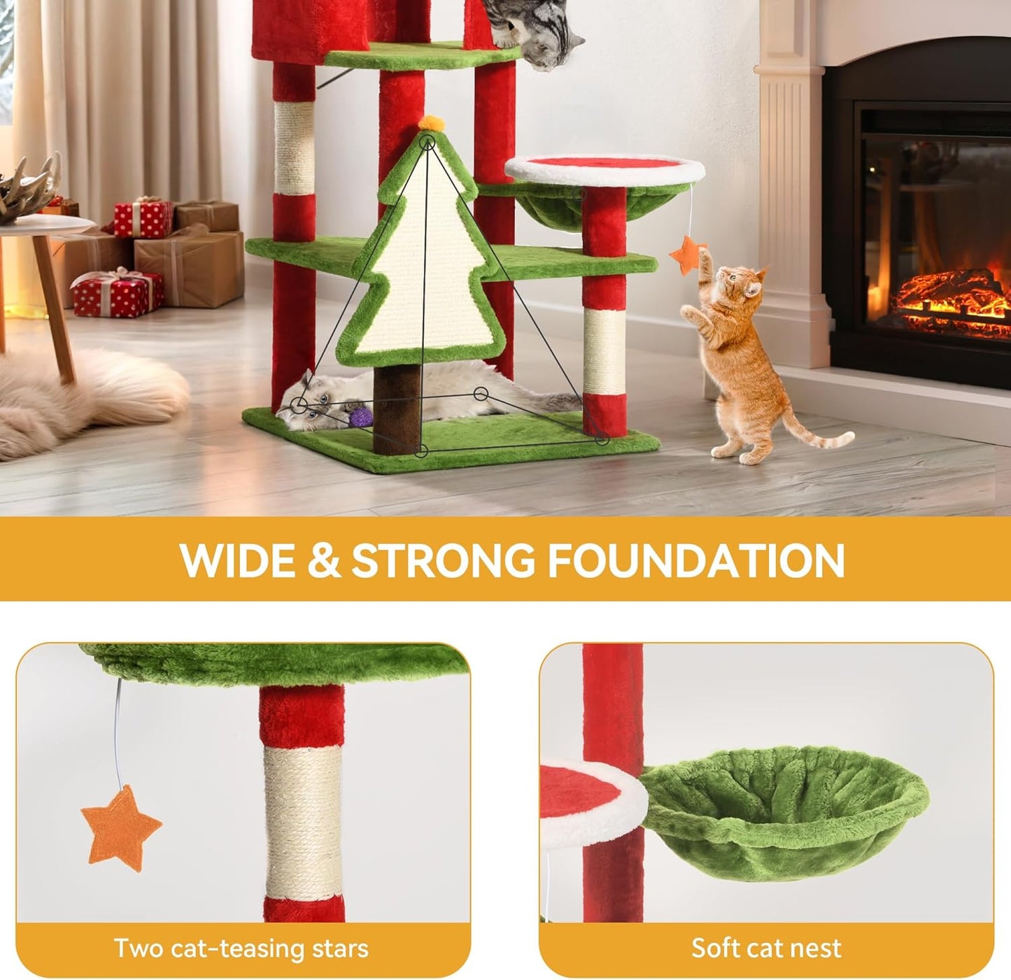 DWVO 54in Christmas Cat Tree Tower with Sisal Scratching Posts, Cat House Furniture with Cat Condos, Top Perches, Hammock, Kitty Tower Tall for Cats to Play and Sleep