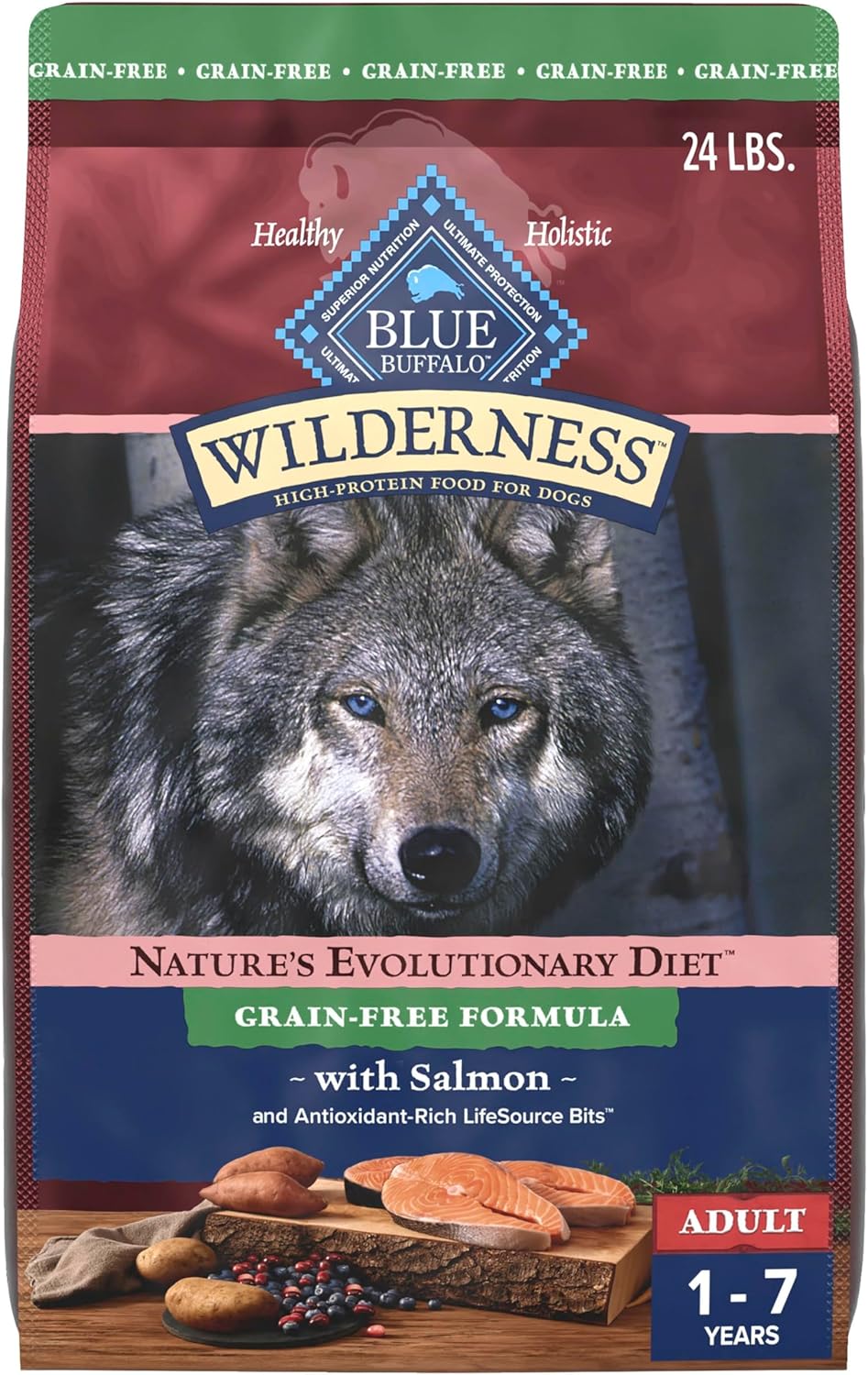 Blue Buffalo Wilderness Adult High-Protein Dry Dog Food with Real Salmon, Grain-Free, Made in the USA with Natural Ingredients, Salmon, 24-lb Bag