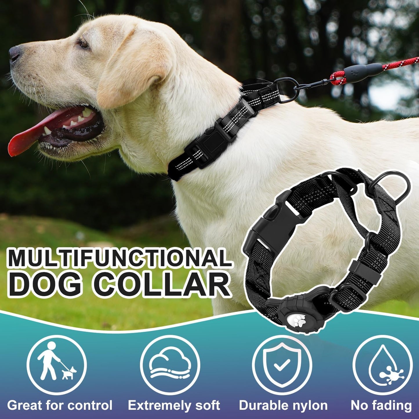 Martingale Dog Collar with AirTag Holder, Reflective Nylon, Quick Release Buckle, No Pull Pet Training Collars for Small Medium Large Dogs (Black, X-Large)