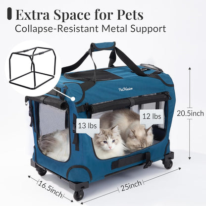 Extra Large Rolling Cat Carrier with Wheels, Soft Sided Pet Dog Carrier on Wheels for Big Cat 20lbs+ 2 Cats, Car Travel Portable XL Wheeled Bag 25"x16.5"x20.5"