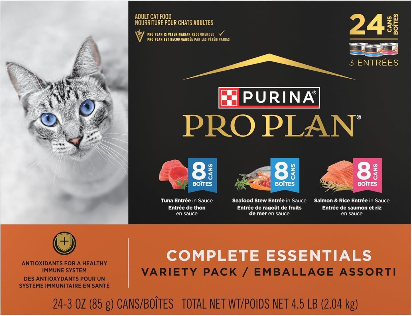 Purina Pro Plan High Protein Cat Food Complete Essentials Wet Cat Food Seafood Favorites Variety Pack 3 Ounce (Pack of 24)