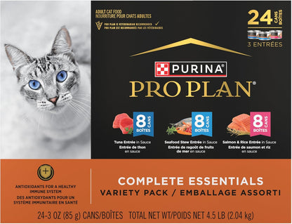 Purina Pro Plan High Protein Cat Food Complete Essentials Wet Cat Food Seafood Favorites Variety Pack 3 Ounce (Pack of 24)