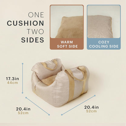 Bonnie Beds Dog Car Seat for Small Dogs – Comfortable & Secure Travel Dog Bed with Safety Leash – Adjustable Booster Seat for Yorkie, Pomeranian & More (Beige)