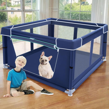 Puppy Playpen with Gate for Dog/Puppies/Small Dogs, Sturdy Safety Pet Playpen/Fence for Indoor & Outdoor with Thickened Fabric, High-Strength Nylon Wire Mesh Without Cover, Blue, 42"x42"x25.6"