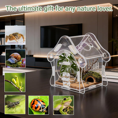 Magnetic Acrylic Jumping Spider Enclosure with Mushroom House, Easy-Feed Hole & Front Opening – Terrarium for Tarantula, Mantis, Beetle, Gecko, Hermit Crab, Reptile Habitat
