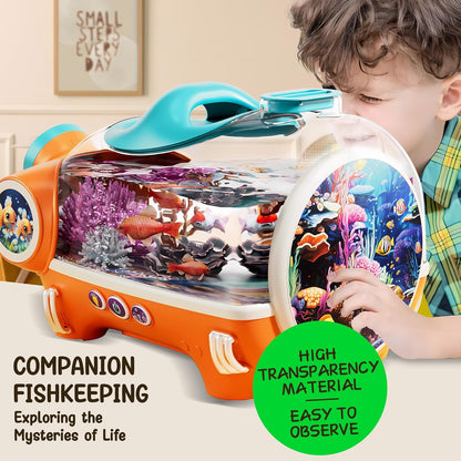 Small Fish Tank, Portable Betta Fish Tank for Kids with LED Light, Air Pump,Battery,Small Aquarium KIT - Perfect for Home Decor and Pet Care,Educational Science Gifts for Kids