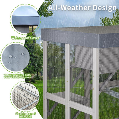 70.5" H Catio Outdoor Cat Enclosure,Cat House with Waterproof Roof and Large Enter Door,Wooden Shelter W/ 6 Jumping Platforms & 2 Napping Houses,Cats Cage for Walk in Kitten Kennel,Gray