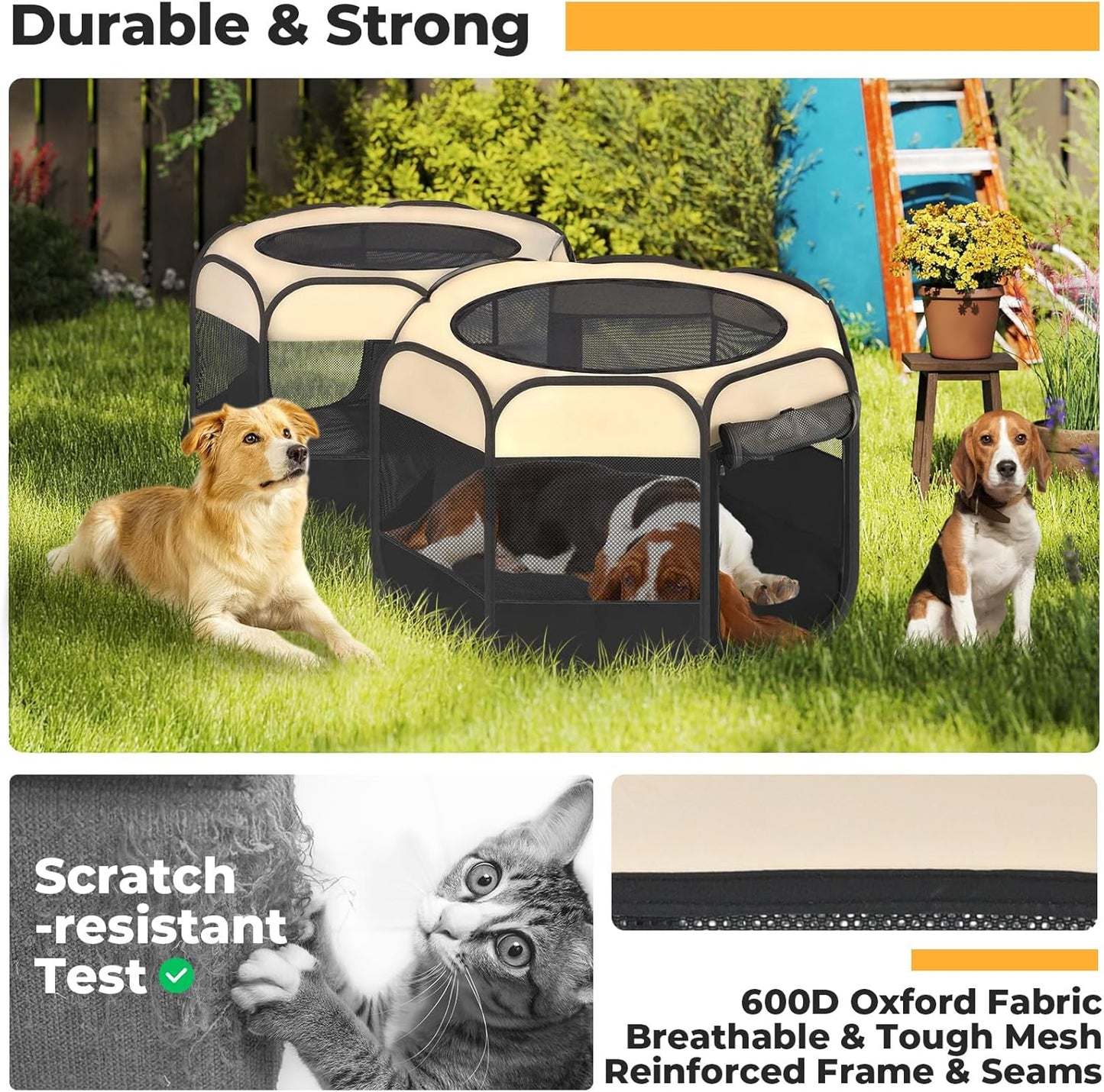 2-in-1 Pop Up Cat Playpen, Detachable into 2 Separate Pens, Assembly-Free Portable Puppy House Collapsible Dog Crates Pet Pen Tent Kennel Kitten Enclosure Cage Indoor Outdoor Foldable(M)