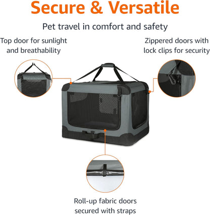 Amazon Basics 4-Doors Portable Soft-Sided Folding Travel Crate Kennel for cat, Dog, and Other Small Animals, Grey, M 30" x 21" x 21"