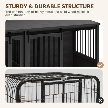 70.86" Double Dog Crate Furniture for 2 Medium Large Dogs Wooden Heavy Duty Dog Kennel Furniture with 2 Sliding Doors and Divider Decorative Dog Cage TV Stand End Table for Indoor Drak Grey