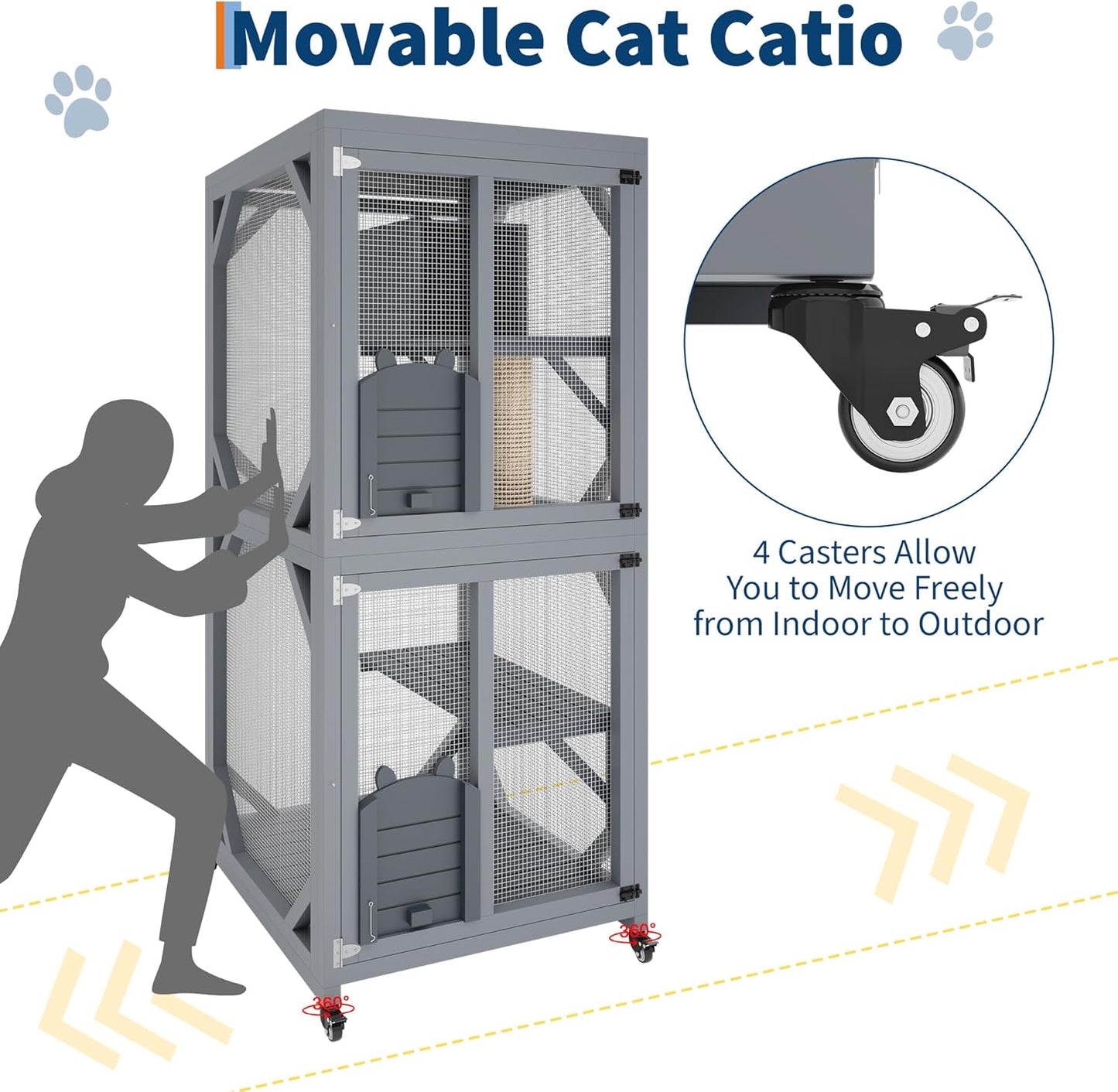 Outdoor Catio Enclosure on Wheel, 68" Large Catio Outdoor Cat Enclosure with Weatherproof Asphalt Roof & Sliding Doors, Wooden Cat Condo Cage Shelter Playpen with Napping House & 4 Jumping Platforms