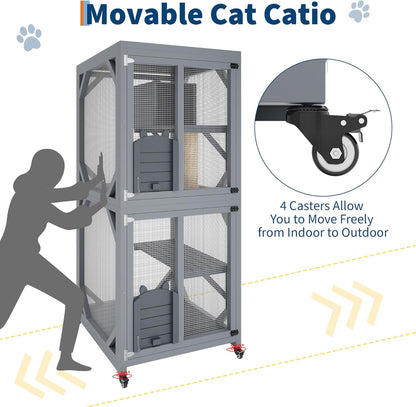Outdoor Catio Enclosure on Wheel, 68" Large Catio Outdoor Cat Enclosure with Weatherproof Asphalt Roof & Sliding Doors, Wooden Cat Condo Cage Shelter Playpen with Napping House & 4 Jumping Platforms