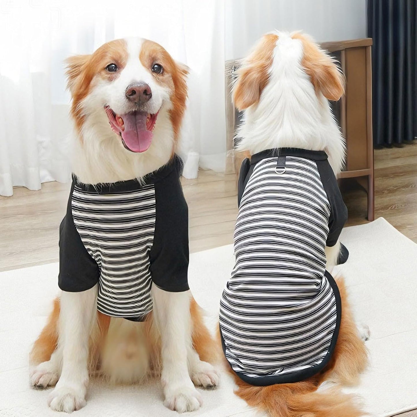 Fleece Dog Sweatshirt with Leash Ring Lightweight Stretchy Dogs T-Shirt Striped Sleeves Pet Clothes Soft Dog Sweaters for Large Dogs Border Collie,Golden Retriever,Doberman（Black,5X-Large）