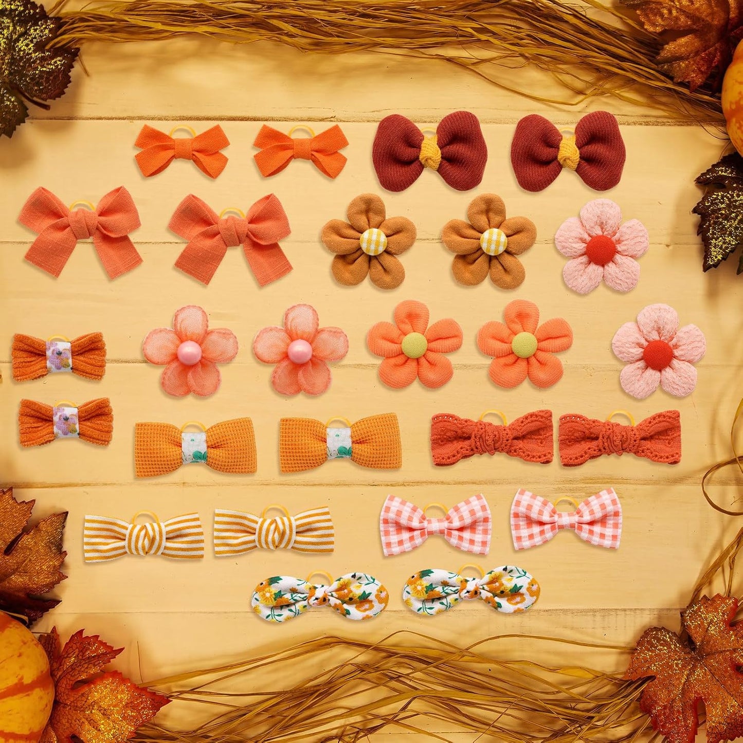 Mruq Small Dog Hair Bows with Rubber Bands, Mix Handmade Cute Puppy Gooming Flower Ball Bows for Holiday Daily Accessories (Orange-A326)