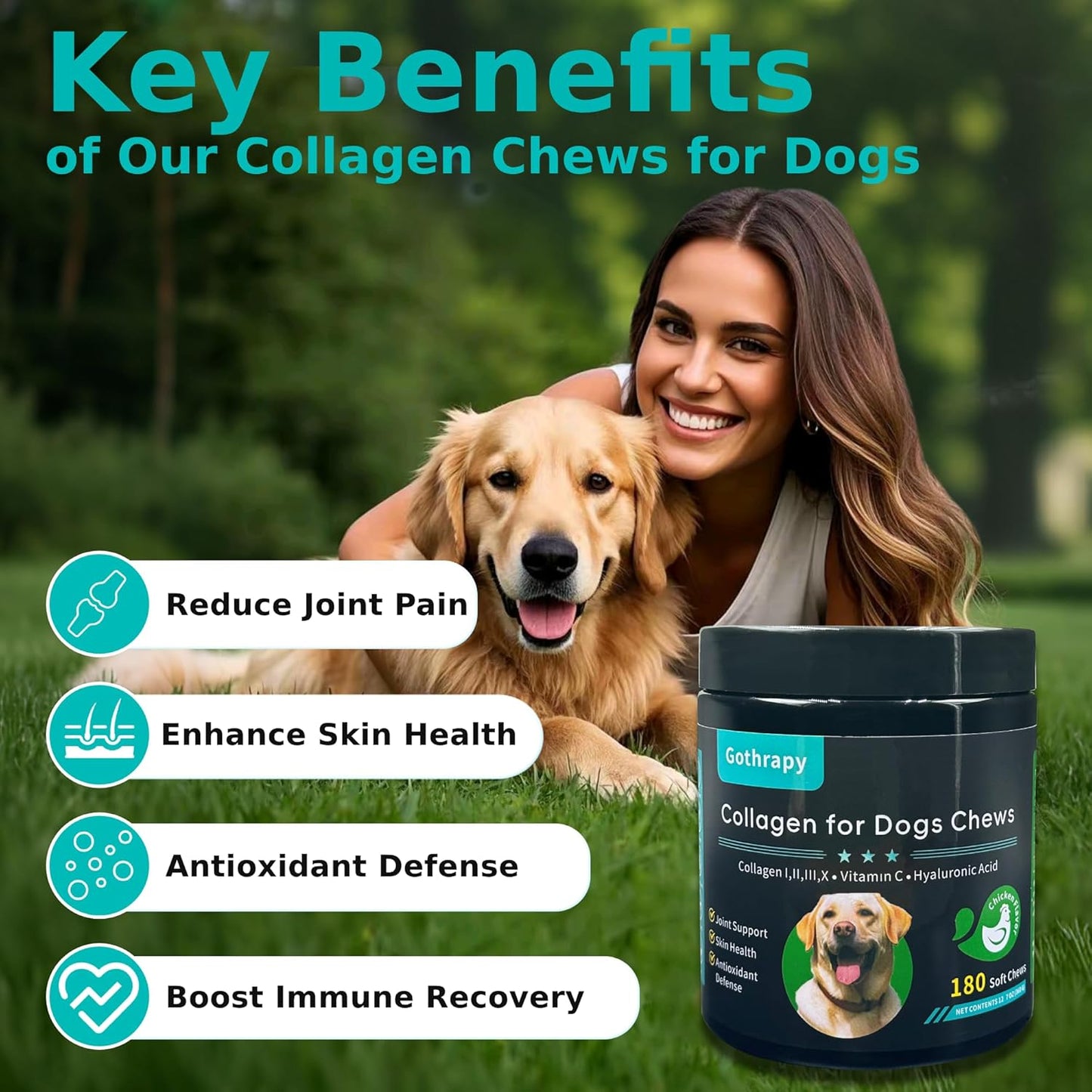 Multi Collagen for Dogs | Hip & Joint Support, Skin & Coat Health | Vet-Formulated Pet Supplement with Hyaluronic Acid & Vitamin C | All Ages & Breeds | Chicken Flavored - 180 Soft Chews