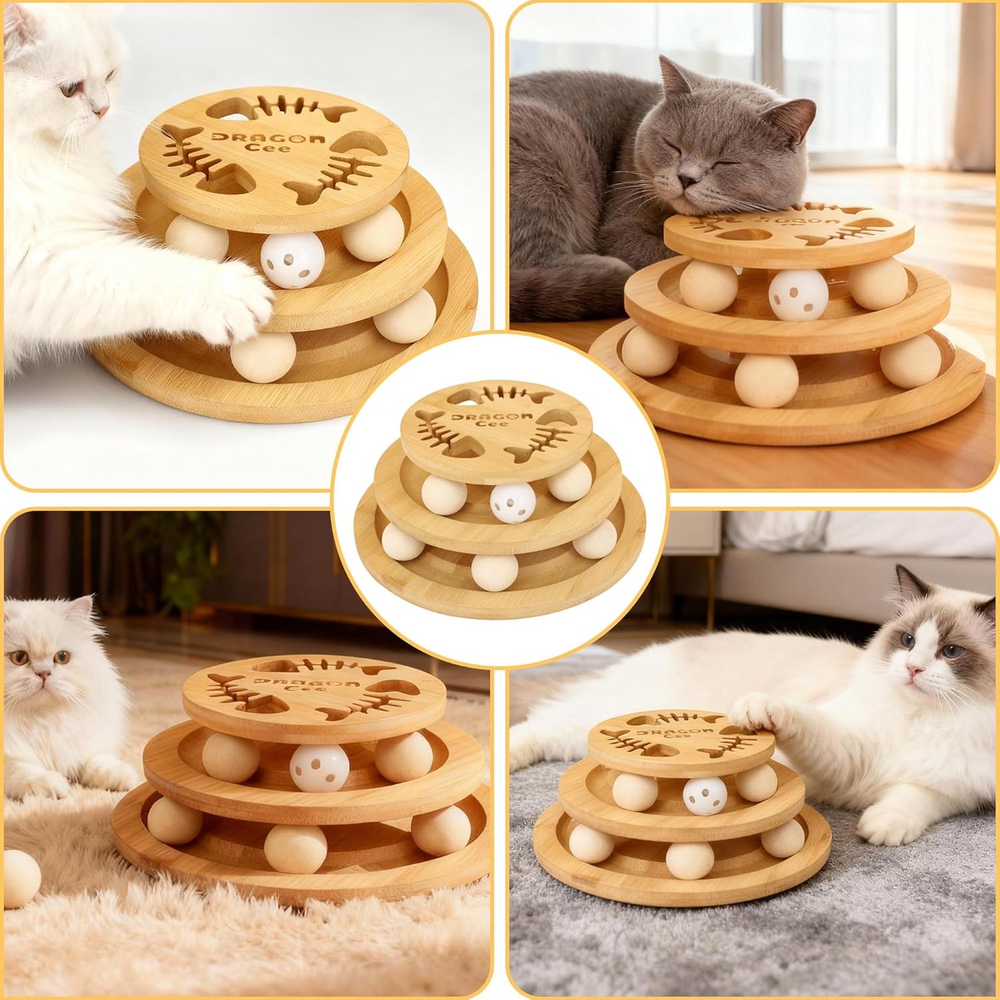 Cat Ball Track Toy, Interactive Toys for Indoor Cats, Tower of Tracks 3-Level Cat Track Toy with 6 Balls,Wooden