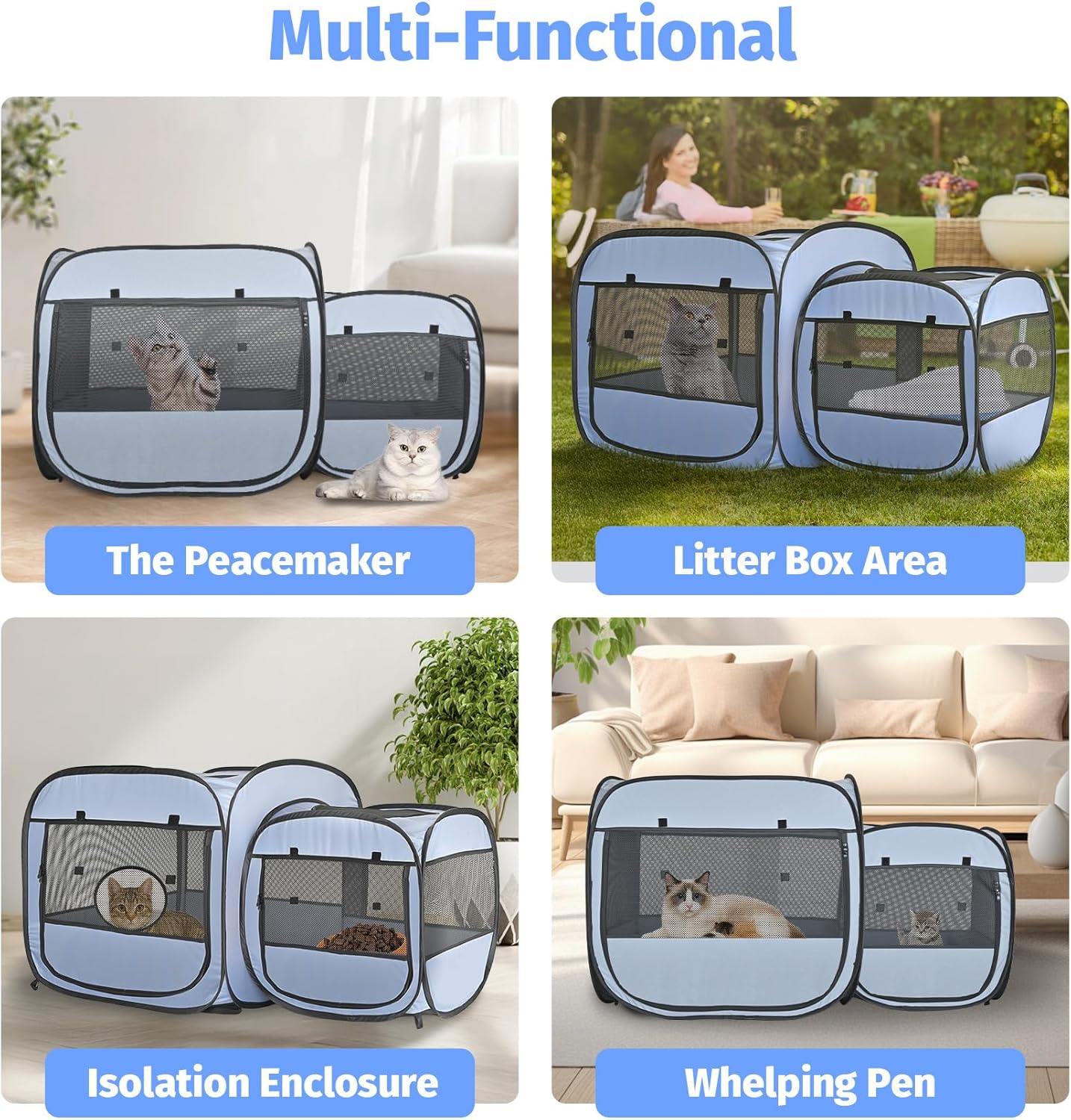 EighteenTek 2-in-1 Portable Cat Playpen, Pop up Large Kitten Playpen, No Assembly Need, Pet Cat Dog Tent Crates Kennel Cage, Cats Enclosure for Dog and Puppy Indoor Outdoor(No Divider, Unified Space)